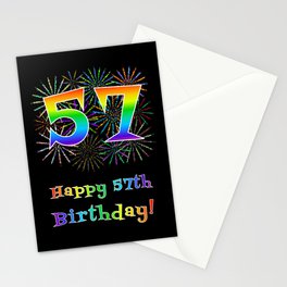 [ Thumbnail: 57th Birthday - Fun Rainbow Spectrum Gradient Pattern Text, Bursting Fireworks Inspired Background Stationery Cards ]