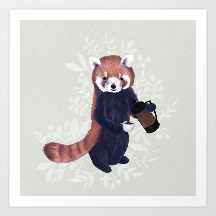 Cute Red Panda and Coffee / French Press and Botanicals Art Print, Green, Orange, Navy  Art Print