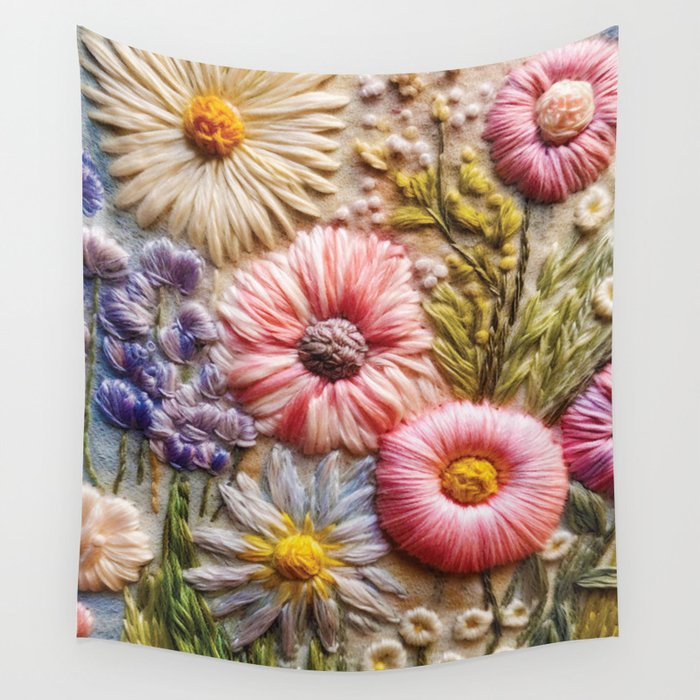 Embroidered, Dahlia, Daisy Flowers Wall Tapestry