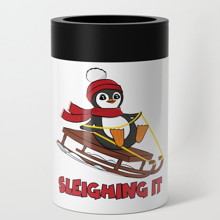 Sleighing It - Snow Sledding Penguin Cute Animals Winter Can Cooler