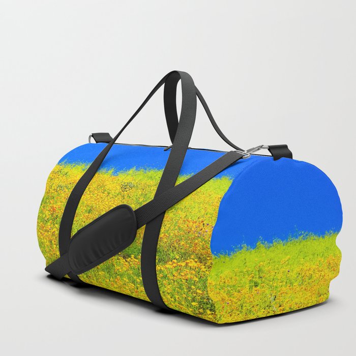yellow poppy flower field with green leaf and clear blue sky Duffle Bag