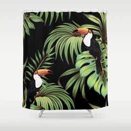 Tropical vintage toucan, palm leaves floral seamless pattern black background. Exotic jungle wallpaper.  Shower Curtain