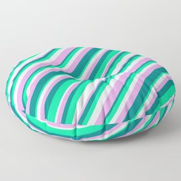 [ Thumbnail: Plum, Teal, Green & Light Cyan Colored Striped Pattern Floor Pillow ]
