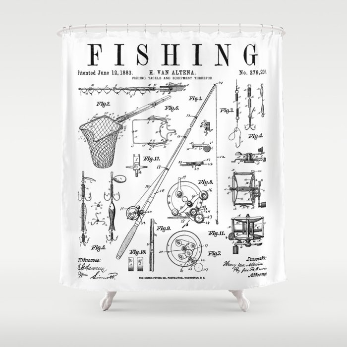 Fishing Rod Tackle Reel Lure Fisherman Vintage Patent Print Shower