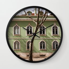 Old green city buildings in Lissabon, Portugal Wall Clock