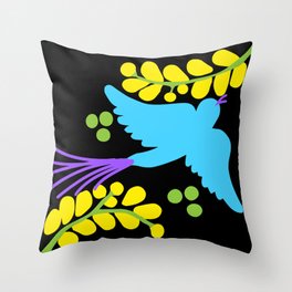 Talavera bird 11, cyan on black, beautiful flying blue bird, long tail Throw Pillow