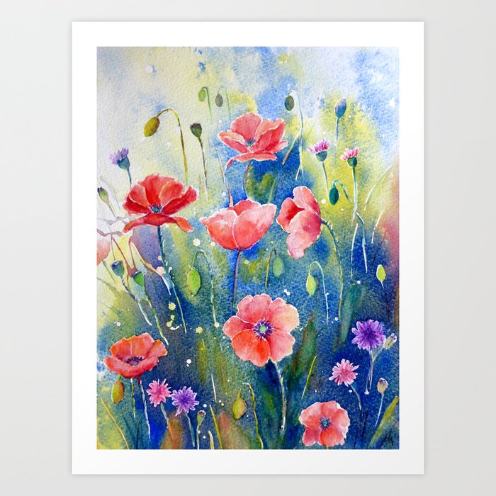 Watercolor Red Poppy Field Wildflower Meadow Art Print By