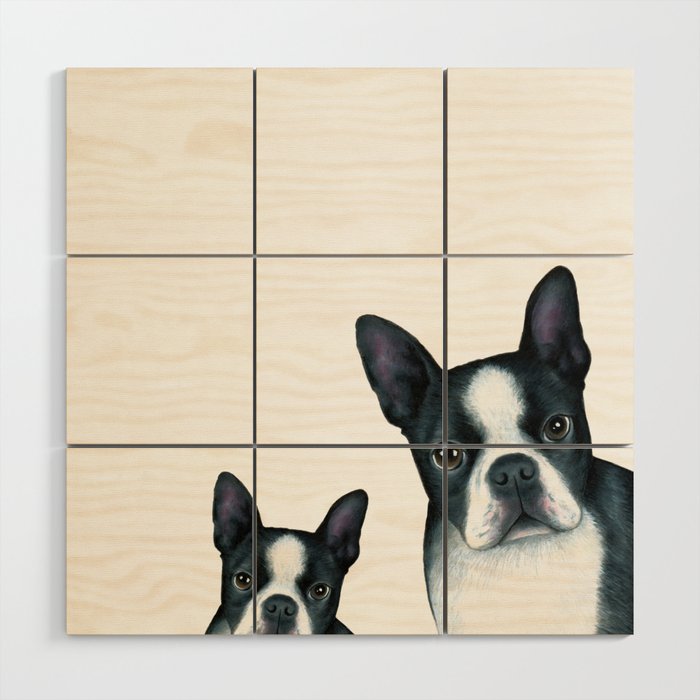 Dog 128 Boston Terrier Dogs black and white Wood Wall Art