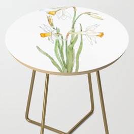 3 white daffodil flower watercolor and ink Side Table