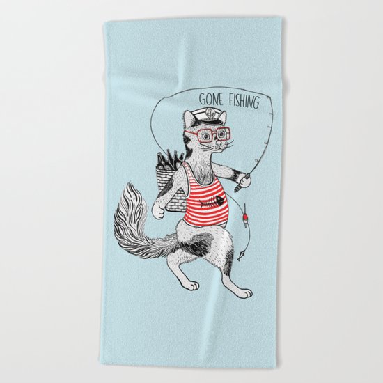 Cat gone Fishing Beach Towel