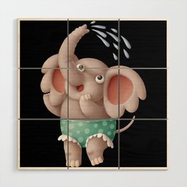 Cute elephant taking a shower with his trunk Wood Wall Art