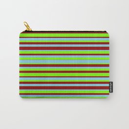 [ Thumbnail: Sky Blue, Green & Dark Red Colored Lined Pattern Carry-All Pouch ]