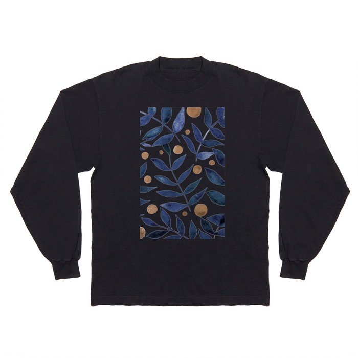 Watercolor berries and branches - indigo and beige Long Sleeve T Shirt
