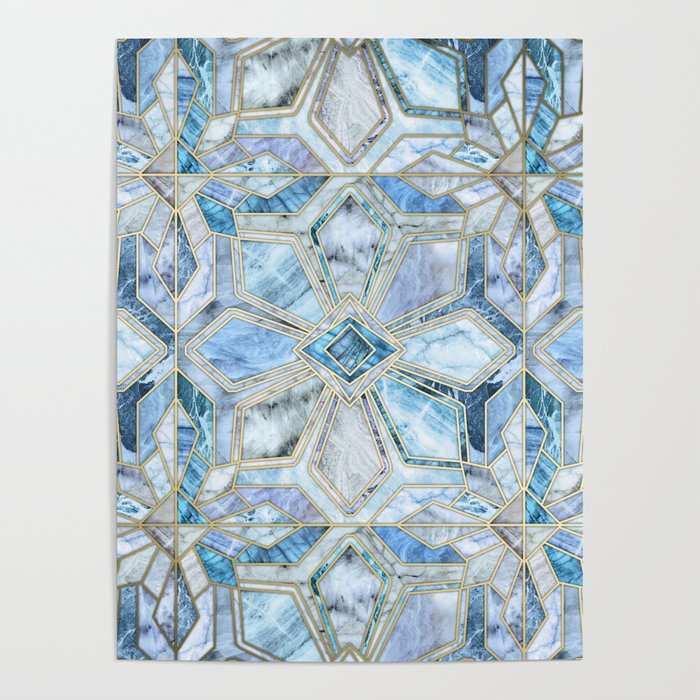 Geometric Gilded Stone Tiles in Soft Blues Poster