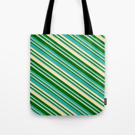 [ Thumbnail: Light Sea Green, Beige, and Dark Green Colored Lined Pattern Tote Bag ]