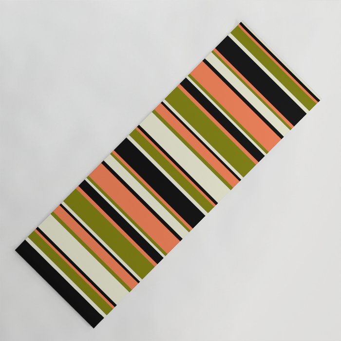 Beige, Green, Coral & Black Colored Stripes Pattern Yoga Mat