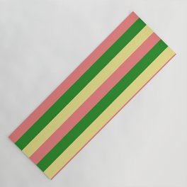 [ Thumbnail: Tan, Light Coral, and Forest Green Colored Lined Pattern Yoga Mat ]
