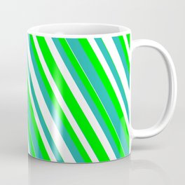 [ Thumbnail: Lime, Light Sea Green & White Colored Striped/Lined Pattern Coffee Mug ]