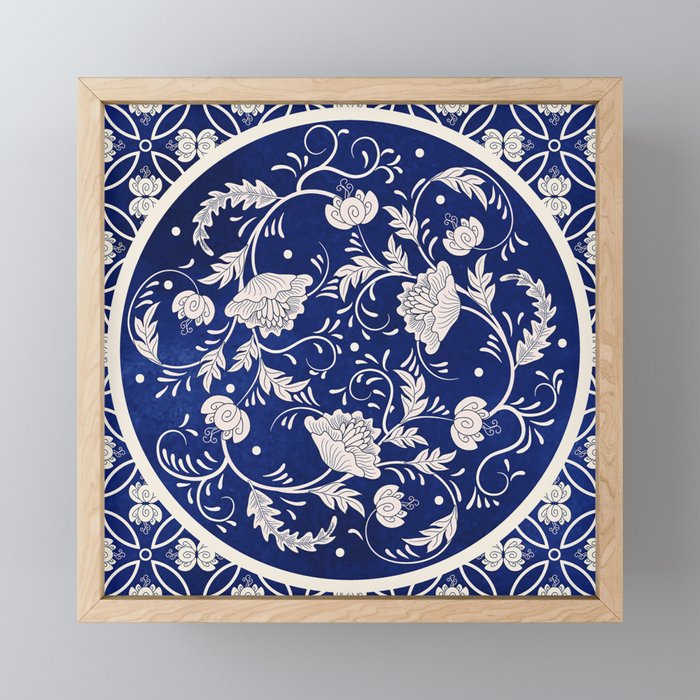 vintage background. Beautiful floral round pattern in chinese style. Simple delicate decor. Imitation of chinese porcelain painting. Blue watercolor background. Hand drawing.  Framed Mini Art Print