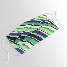 [ Thumbnail: Eyecatching Sea Green, Green, Black, Beige & Midnight Blue Colored Lines/Stripes Pattern Face Mask ]