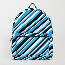 [ Thumbnail: Deep Sky Blue, Black, and White Colored Lined Pattern Backpack ]