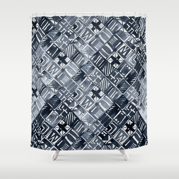 Simply Tribal Tiles In Indigo Blue On Lunar Gray Shower Curtain By Simply Tribal Tiles In Indigo Blue On Lunar Gray Shower Curtain
