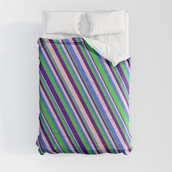 Pink, Royal Blue, Lime Green, and Indigo Colored Lined/Striped Pattern Comforter