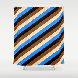 [ Thumbnail: Blue, Black, Brown, and Beige Colored Lines Pattern Shower Curtain ]