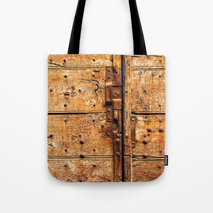 Old Weathered Wooden Door Rusty Latch and Nails Tote Bag