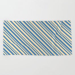 [ Thumbnail: Beige & Blue Colored Lined/Striped Pattern Beach Towel ]