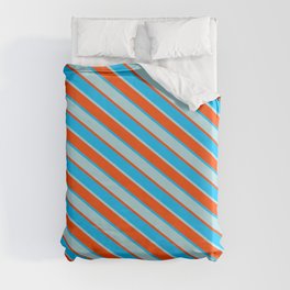 [ Thumbnail: Red, Deep Sky Blue & Powder Blue Colored Lined Pattern Duvet Cover ]