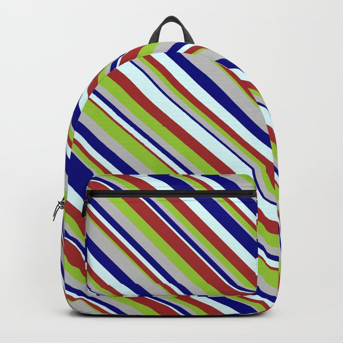 Blue, Light Cyan, Brown, Green, and Grey Colored Striped Pattern Backpack