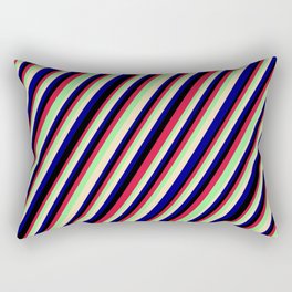 [ Thumbnail: Colorful Crimson, Light Green, Tan, Blue & Black Colored Lined Pattern Rectangular Pillow ]