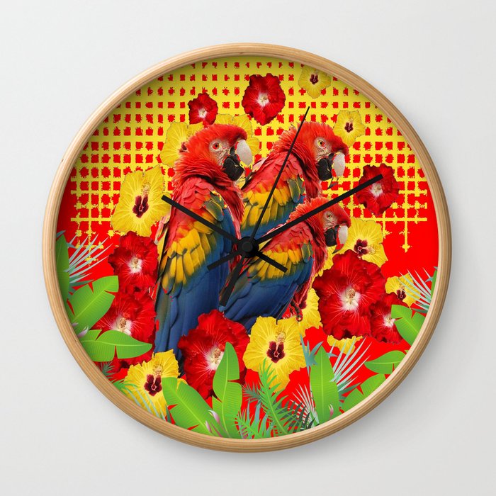 GREEN TROPICAL YELLOW MACAWS & RED YELLOW HIBISCUS Wall Clock