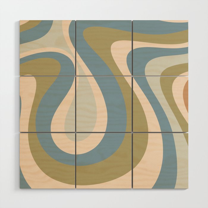 Too Groovy Retro Abstract Pattern in Muted Light Blue, Green, and Cream Wood Wall Art