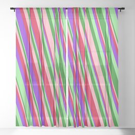 [ Thumbnail: Eye-catching Light Pink, Crimson, Purple, Light Green, and Forest Green Colored Stripes Pattern Sheer Curtain ]