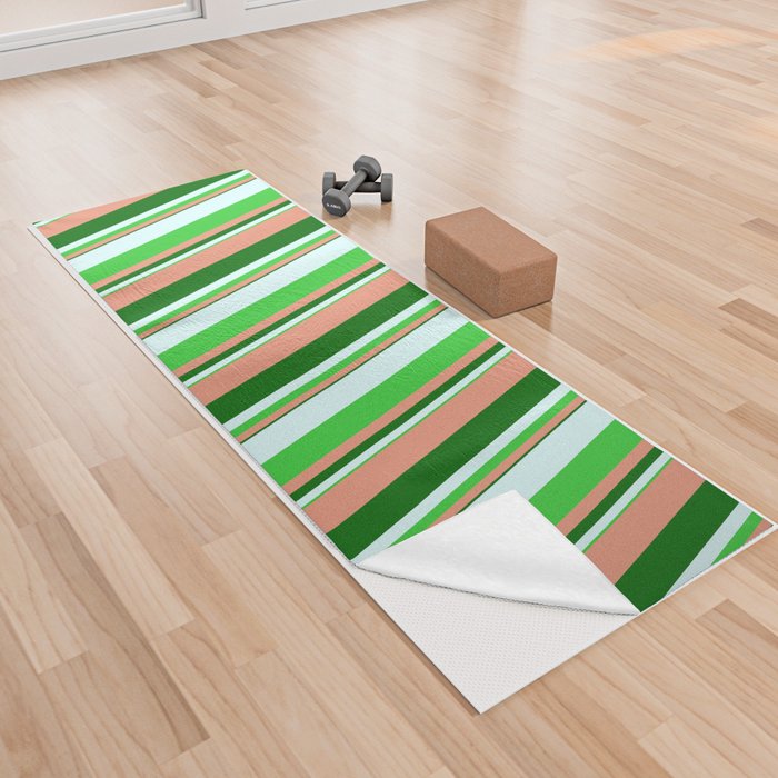 Dark Green, Dark Salmon, Lime Green, and Light Cyan Colored Striped/Lined Pattern Yoga Towel