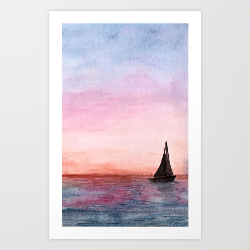 Sailboat At Sunset Watercolor Art Boat Silhouette Painting