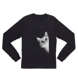 sneaky cat Long Sleeve T Shirt | Digital, Curated, Cat, Design, Sneaky, Kitten, Peeking, Corner, Animal, Funny 