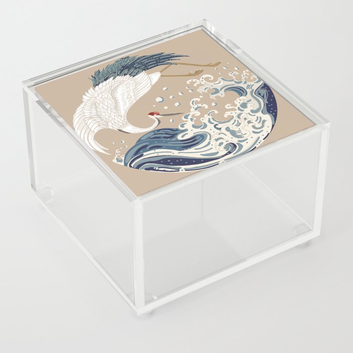 Crane and Japanese wave illustration. Traditional Chinese wave in circle. Beautiful line art of nature. Asian art doodle and painting background.  Acrylic Box