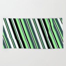 [ Thumbnail: Dark Slate Gray, Green, Black & Mint Cream Colored Stripes/Lines Pattern Beach Towel ]