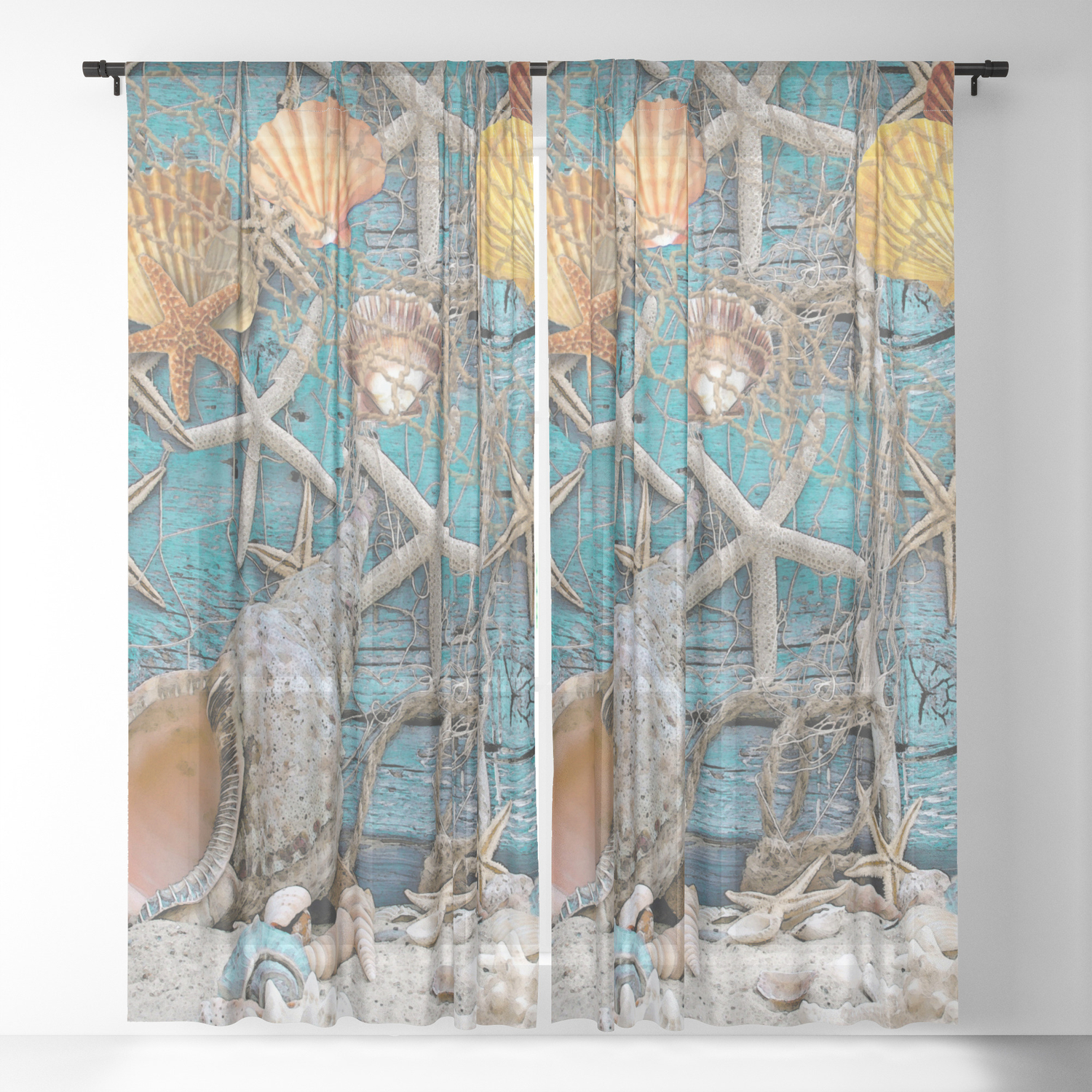 Tropical Shells On Beach House Wall Sheer Curtain By Jmariellearts