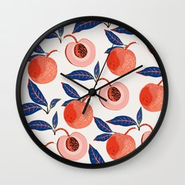 Fruits of peaches and apricot trees leaves on a light cream, white color background. Seamless floral pattern. Square repeating design Wall Clock