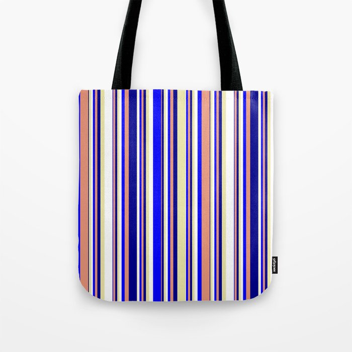 Pale Goldenrod, White, Blue, Dark Salmon, and Dark Blue Colored Pattern of Stripes Tote Bag