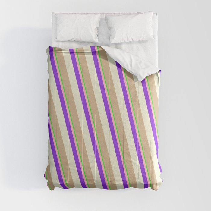 Eye-catching Lime, Light Pink, Purple, Beige & Tan Colored Stripes Pattern Comforter