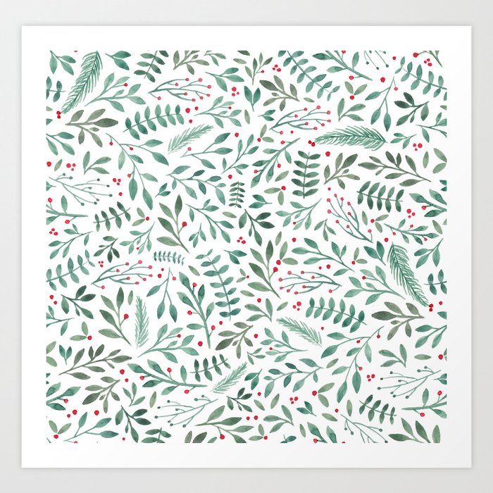 Green Leaves and Red Berries. Art Print