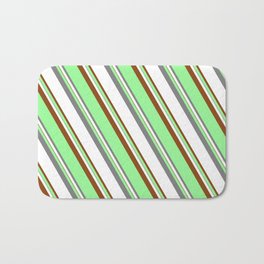 [ Thumbnail: Green, Grey, White, and Brown Colored Lined/Striped Pattern Bath Mat ]
