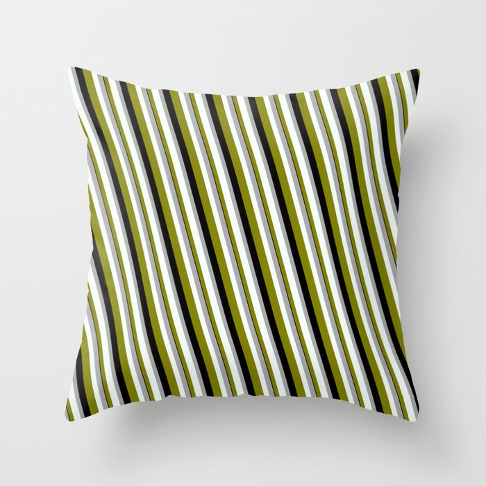 Dark Gray, Mint Cream, Green & Black Colored Stripes/Lines Pattern Throw Pillow