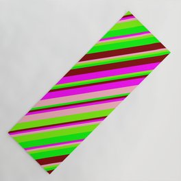 [ Thumbnail: Vibrant Fuchsia, Light Pink, Green, Lime, and Maroon Colored Pattern of Stripes Yoga Mat ]