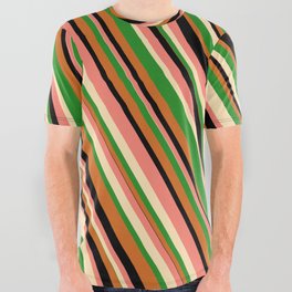 [ Thumbnail: Eye-catching Salmon, Beige, Forest Green, Chocolate, and Black Colored Lines/Stripes Pattern All Over Graphic Tee ]